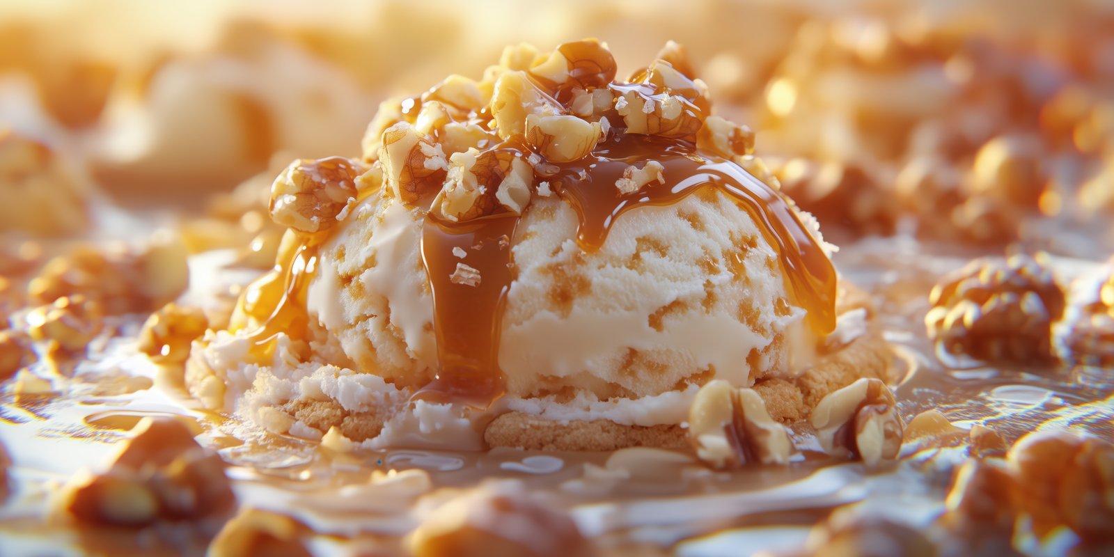 Delicious ice cream dessert topped with caramel and walnuts in warm sunlight